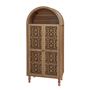 English Elm 70.28" Tall Walnut Pantry Cabinet Lattice Carved Doors Adjustable Shelves Two Drawers W688P303382