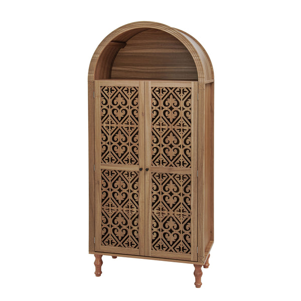 English Elm 70.28" Tall Walnut Pantry Cabinet Lattice Carved Doors Adjustable Shelves Two Drawers W688P303382