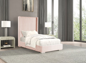 English Elm Pink Full Size Contemporary Bed with Fur Chenille Upholstery, Mattress-Ready, Wood Frame 59x84x68 Pink 65 L x 73.5 W x 6.5 H B2741P320870