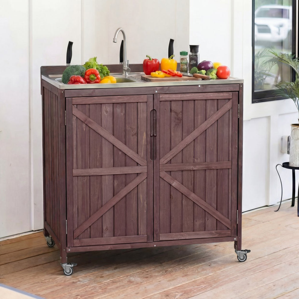 English Elm K&k Outdoor Prep Station Stainless Steel Top Fir Wood Cabinet with Drawer and Wheels N707P370281Z