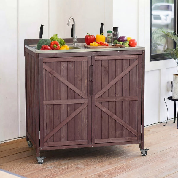 English Elm K&k Outdoor Prep Station Stainless Steel Top Fir Wood Cabinet with Drawer and Wheels N707P370281Z