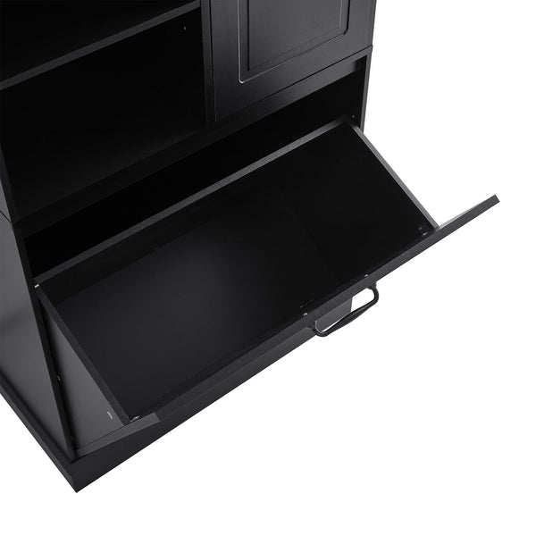 English Elm Tall Storage Cabinet with Flip-Out Basket, Adjustable Shelves & Aluminum Handles for Organized Living Black N725P322739B