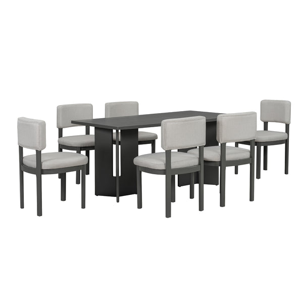 English Elm Trexm Farmhouse Six Seat Dining Set Oak Veneer Distressed Table Upholstered Chairs Gray ST000153AAE