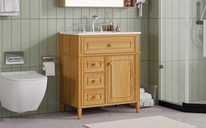 English Elm 30" Pine Wood Bathroom Vanity with Ceramic Sink Soft Close Drawers and Vintage Knobs N725P375498N