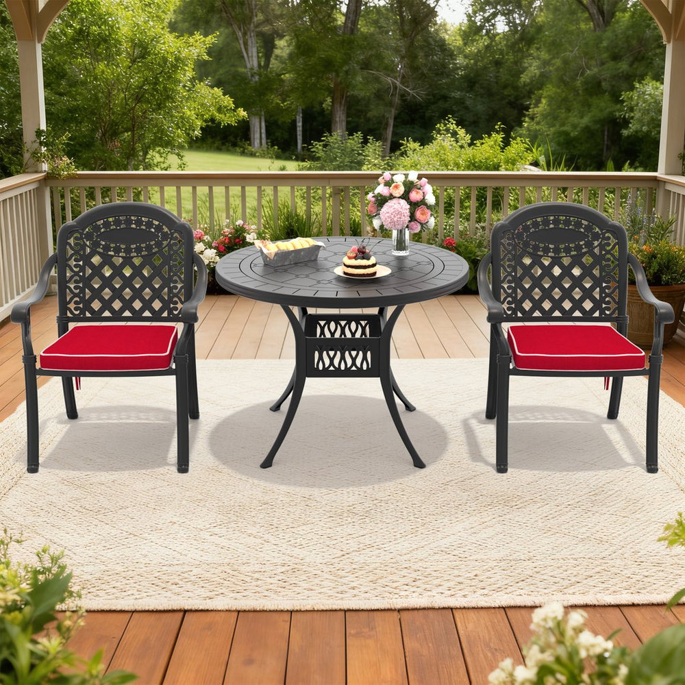 English Elm 3-piece Cast Aluminum Bistro Set Ornate Carved Outdoor Patio Dining with Cushions W1710S00630