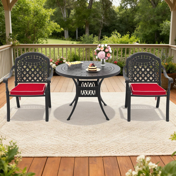 English Elm 3-piece Cast Aluminum Bistro Set Ornate Carved Outdoor Patio Dining with Cushions W1710S00630