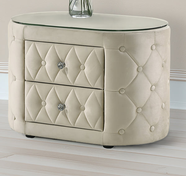 English Elm Luxurious 1Pc Nightstand With Plush Upholstery, Glass Top & Storage Drawers - Elegant Ivory Design B2741P321023