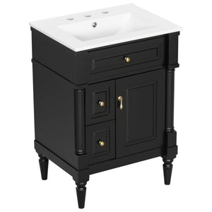 English Elm 24 Inch Freestanding Vanity with Ceramic Sink Rubberwood Frame Matte Finish Storage Black N725P356058B