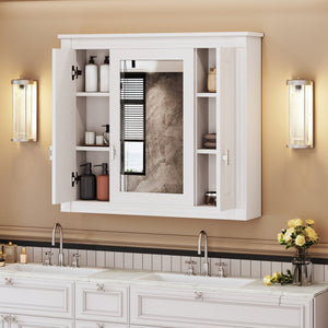 English Elm Bathroom Wall Cabinet with Mirror and 5 Shelves — Wall-Mounted Medicine Cabinet, Modern Storage Solution White N710P252503K