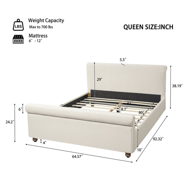 English Elm Queen Linen Upholstered Bed Frame Thick Rolled Headboard Solid Rubberwood Legs Bedroom Beige N757Q384827I