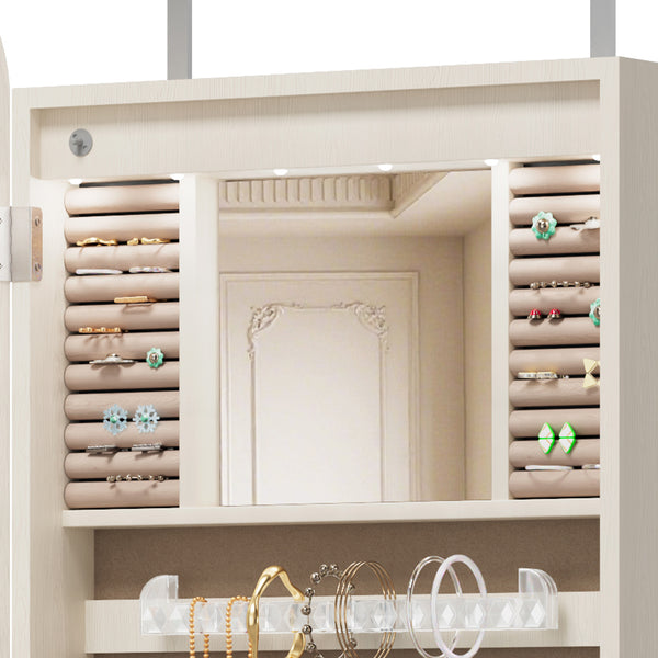 English Elm Jewelry Cabinet Armoire With Full-Length Mirror, Lighted Organizer, Lockable Storage & Modern Design W3406P340449