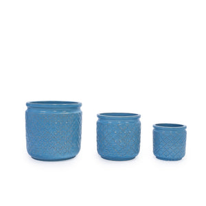 English Elm Set Of 3 Antique Blue Ceramic Flowerpots - Artisan Planters For Garden, Patio & Indoor Decor W3273P321480-GIGA