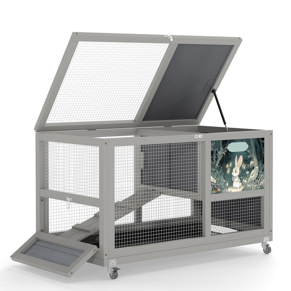English Elm 2-tier Pine Rabbit Hutch on Wheels with Ramp Removable Tray and Openable Roof W2181P356045