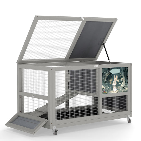 English Elm 2-tier Pine Rabbit Hutch on Wheels with Ramp Removable Tray and Openable Roof W2181P356045