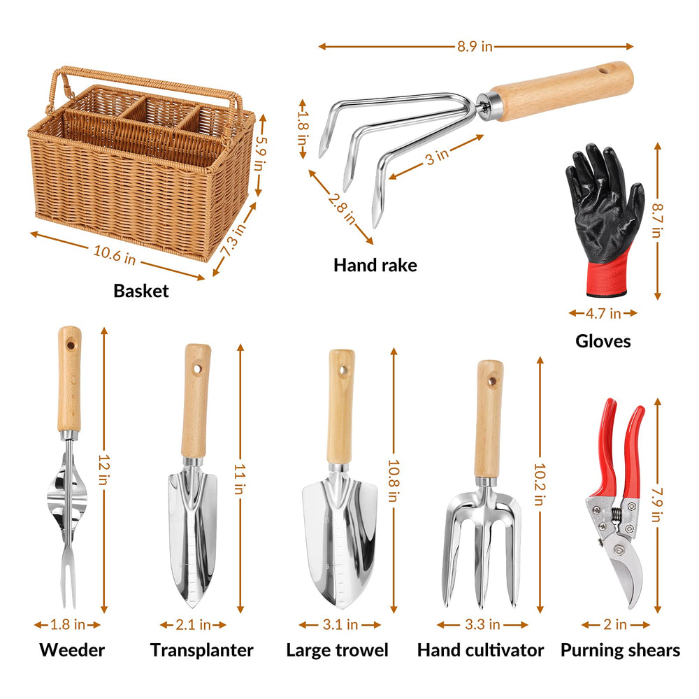 English Elm Gardening 8 Piece Tool Set with Wicker Basket Stainless Steel and Wooden Handles W2181P193843