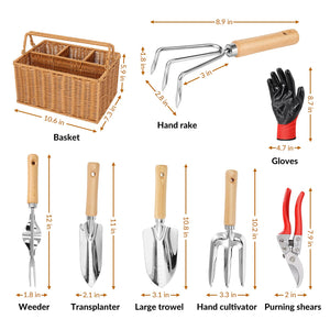 English Elm Gardening 8 Piece Tool Set with Wicker Basket Stainless Steel and Wooden Handles W2181P193843