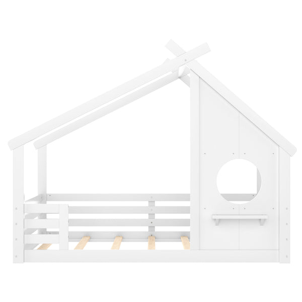 English Elm Twin House Bed Low Profile Pine Wood Frame with Shelf Montessori Kids Floor Sleeping Light White W5305P429644