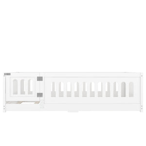 English Elm Full Size Floor Bed With Guardrails & Door - Solid Wood Bedframe For Safe, Stylish Kids' Sleep W1820P240539