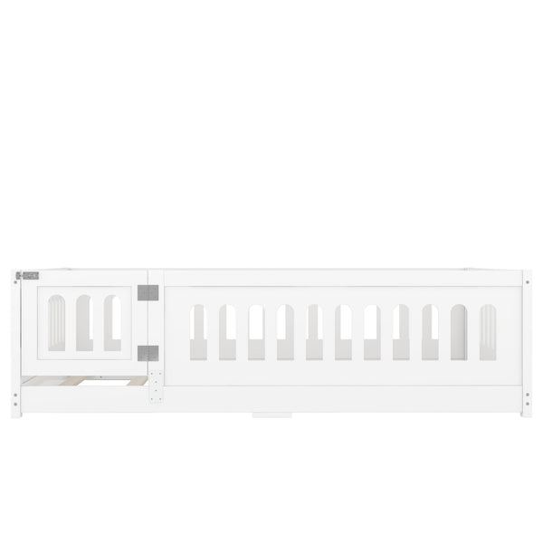 English Elm Full Size Floor Bed With Guardrails & Door - Solid Wood Bedframe For Safe, Stylish Kids' Sleep W1820P240539