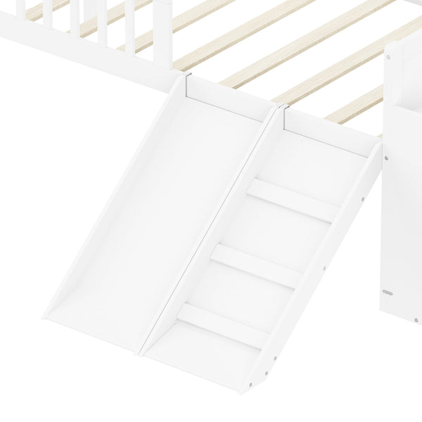 English Elm Twin Platform Kids Bed with Slide Ladder Guardrails Storage Shelf Wood Frame White N733S415411K