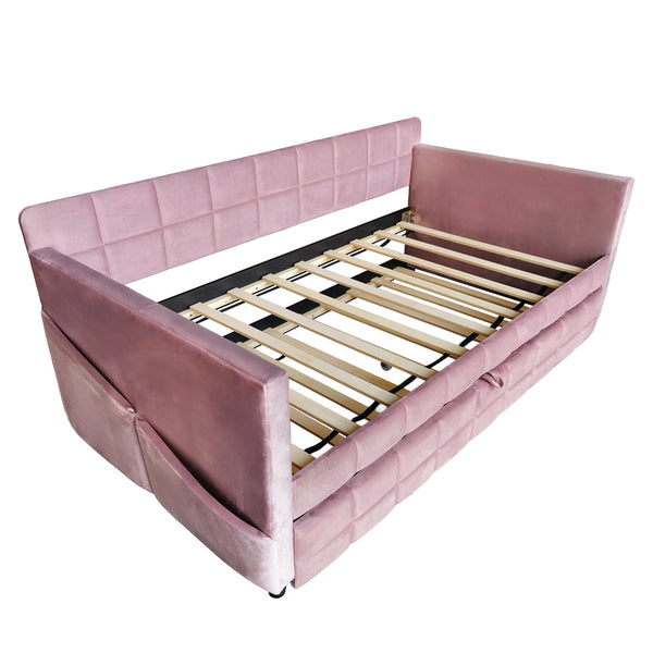 English Elm Modern Velvet Twin Daybed with Pull Out Trundle and Built in Armrest Storage Pockets Pink SF000200AAH