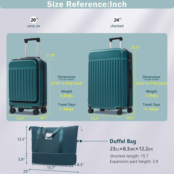 English Elm Front Access Hardside 3 Piece Travel Set with Usb Port Spinner Wheels and Tsa Lock Dark Green N732P326130F