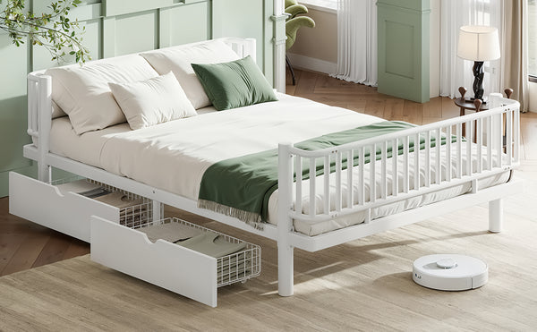 English Elm Queen Storage Platform Bed Low Profile Metal Frame with Built-in Drawers for Small Spaces Light White W5305P471354