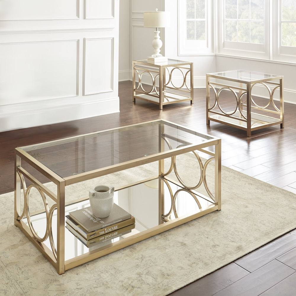 English Elm Steve Silver - Olympia Gold 3-Piece Table Set with Mirrored Bases & Glass Tops, Concentric Circle Iron Design, Chic B081S00401
