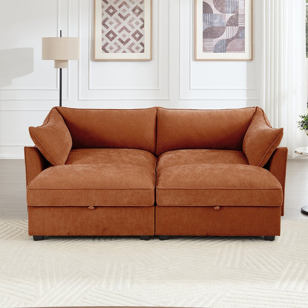 English Elm 2 Seater Sofa With Footrest, Movable Ottomans & Hidden Storage - Stylish Chenille For Small Spaces W3041S00204