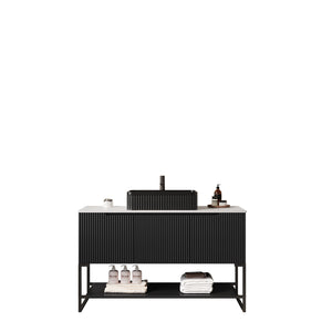 English Elm 48" Freestanding Bathroom Vanity Cabinet Sintered Stone Top Woodgrain Finish Open Shelf W2615S00216