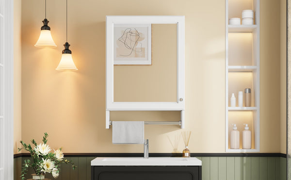 English Elm 3-in-1 Wall Medicine Cabinet with Soft Close Mirror Door Towel Bar and Adjustable Shelf N710P388096K