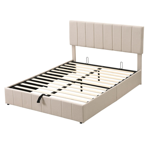 English Elm Queen Linen Upholstered Platform Bed with Hydraulic Lift Storage and Padded Headboard N708P201552A