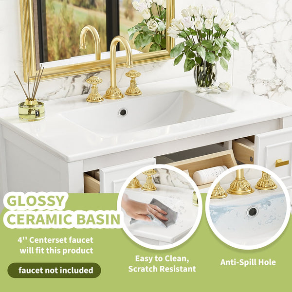 English Elm 30'' Bathroom Vanity with Ceramic Sink, Solid Wood Frame Freestanding Cabinet with 5 Drawers, Gold Knobs and Smooth Slide Rails White N710P247488K