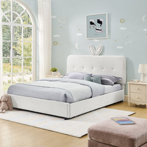 English Elm Full Size Kids Storage Bed Boucle Upholstered Rabbit Ear Headboard with Led Lighting Beige W1413P384924