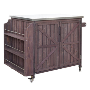 English Elm K&k Rolling Outdoor Kitchen Island Solid Fir Wood Stainless Steel Top Storage Cabinet Dark Brown N707P370287Z