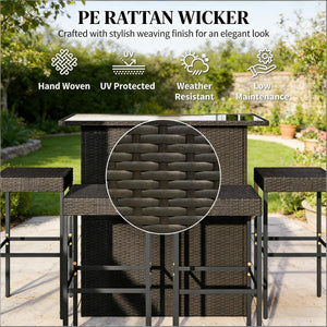 English Elm Bar Height Outdoor Wicker Patio Set with Tempered Glass Table and Four Stools Dark Brown T3971S00212