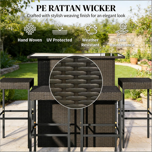 English Elm Bar Height Outdoor Wicker Patio Set with Tempered Glass Table and Four Stools Dark Brown T3971S00212