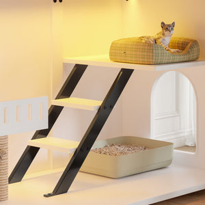 English Elm 47.25" Modern Cat Litter Box Enclosure with LED, Stairs & Scratcher, Smart Door Cabinet Side Table N704P270707K