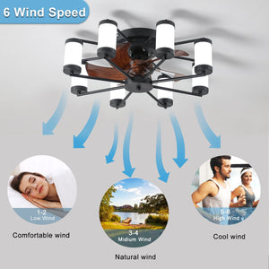 English Elm 21.7 Ceiling Fan Light Windmill Flush Mount with Dimmable LED, Remote, Timer, 6 Speeds, Black Wood-Blade W2312P374761
