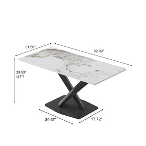 English Elm 63" Modern Sintered Stone Dining Table with Durable X-Leg Iron Base, Seats 6, 400 lb Capacity Antique White,Black W1535S00533