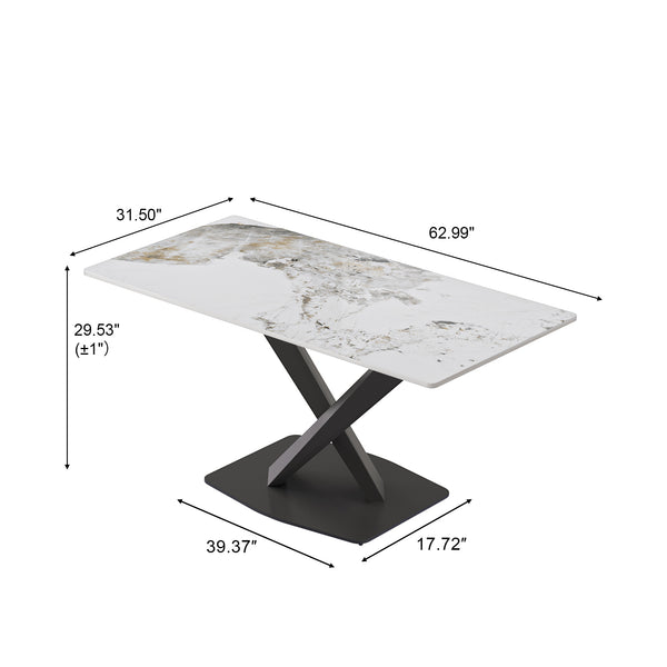 English Elm 63" Modern Sintered Stone Dining Table with Durable X-Leg Iron Base, Seats 6, 400 lb Capacity Antique White,Black W1535S00533