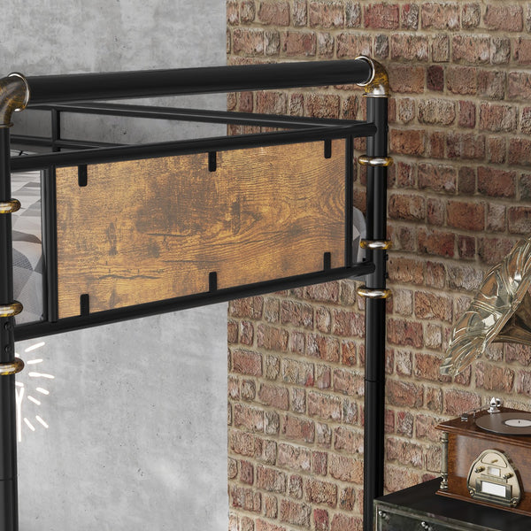 English Elm Quad Quad Bunk Bed for 4 Kids - Heavy Duty Metal Twin Frame, Detachable Triple Layout, Rustic Black Wood Finish, 250lb Capacity Each, Space-Saving Modular Design W2580S00020