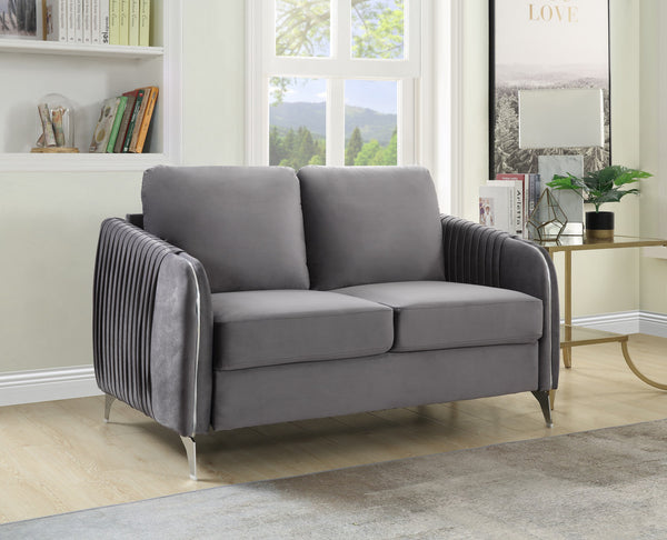 English Elm Hadriano Channel Quilted Velvet Loveseat with Chrome Legs for Glam Living Rooms Gray B2749P413389