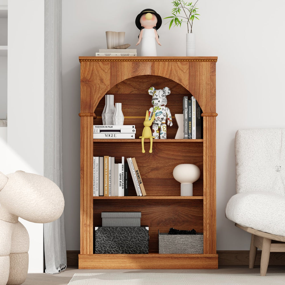 English Elm Vintage Hand-carved Solid Wood Bookcase Tall Arched Open Shelf Cabinet for Living Room W3123P485376