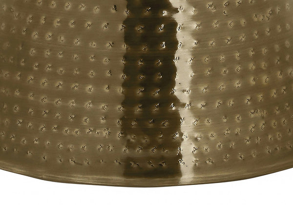 English Elm Accent Drum End Table with Hammered Metal Finish — 22" Handcrafted Cone Shape for Chic Living Spaces Gold 23 L x 23 W x 19 H B2710P219458