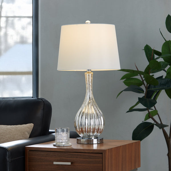 English Elm Glass Crackle Silver Table Lamp Set with Chrome Hardware and White Linen Shade Pair B202P471588