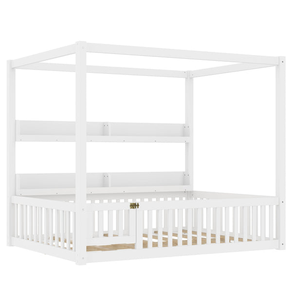 English Elm Full House Floor Bed with Door and Guardrails for Kids, Solid Wood Double Full, Safe Play Nook Light White W1580P359331