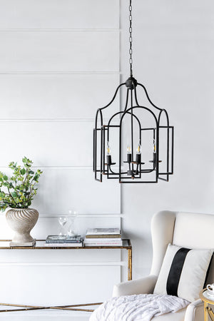 English Elm 17.3x17.3x28.7" Malin 4-light Iron Chandelier Satin Black Finish for Foyer or Dining W2078P411231
