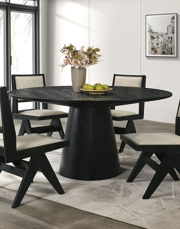 English Elm Contemporary 5-Piece Black Dining Set With Gray Upholstery - Stylish Round Table & 4 Chairs B2741S00017