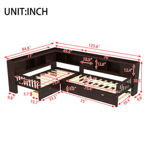 English Elm L-shaped Twin Platform Bed with Trundle, Solid Wood Corner Sleeper with Drawers, Shelves, No Box Spring Needed Espresso W1580S00261